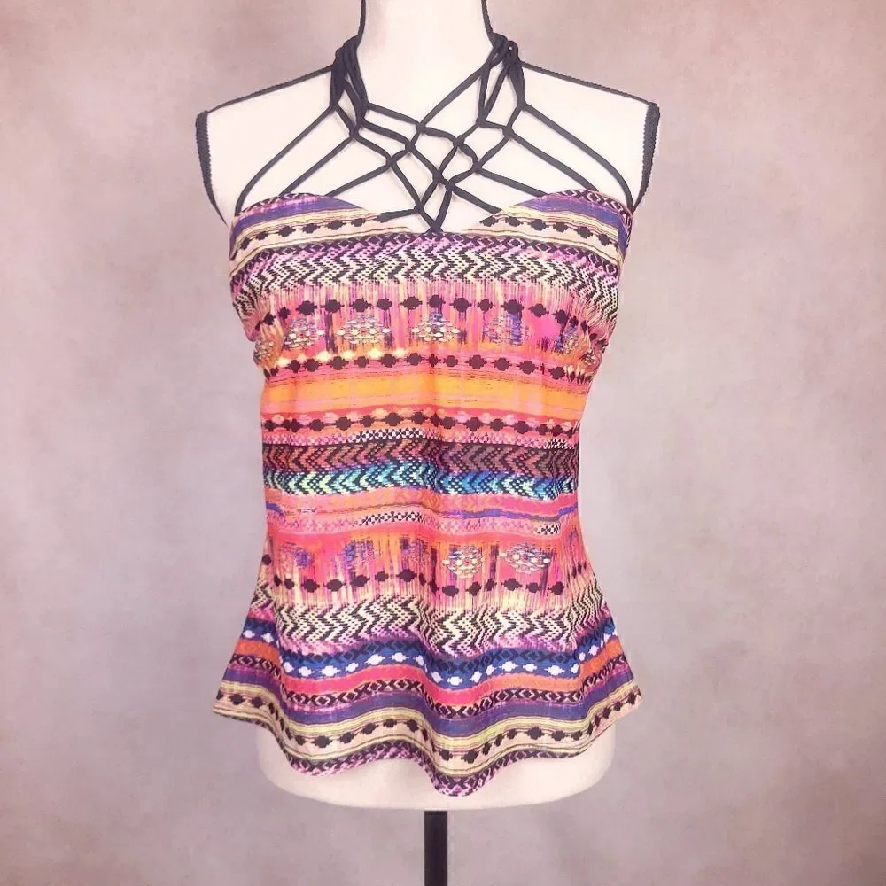 Island Escape Multicolor Geometrical Print Tankini Swim Top Size 12
